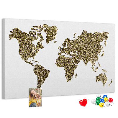 Tableau affichage liège Carte du monde dorée sur fond blanc
