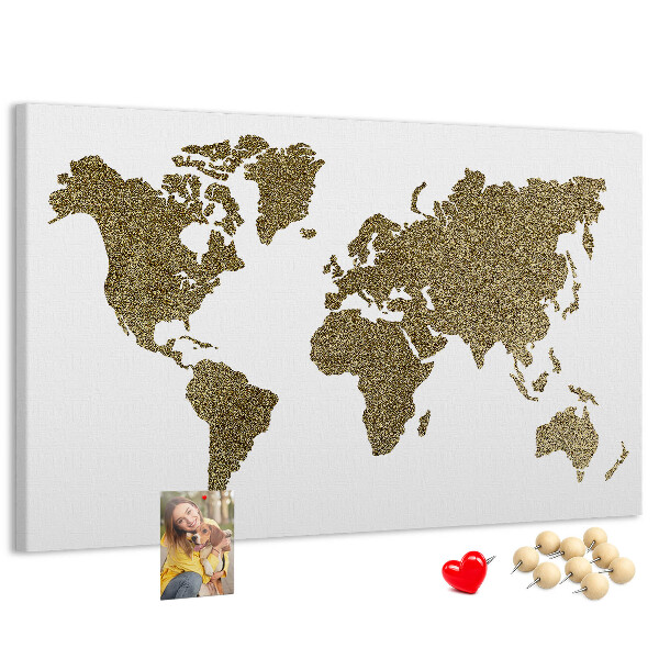 Tableau affichage liège Carte du monde dorée sur fond blanc