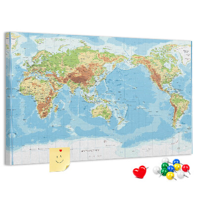 Tableau de liège Carte du monde avec les continents colorés.