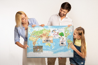 Tableau de liège Carte du monde avec les continents colorés.
