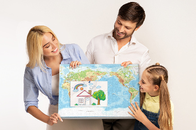 Tableau de liège Carte du monde avec les continents colorés.