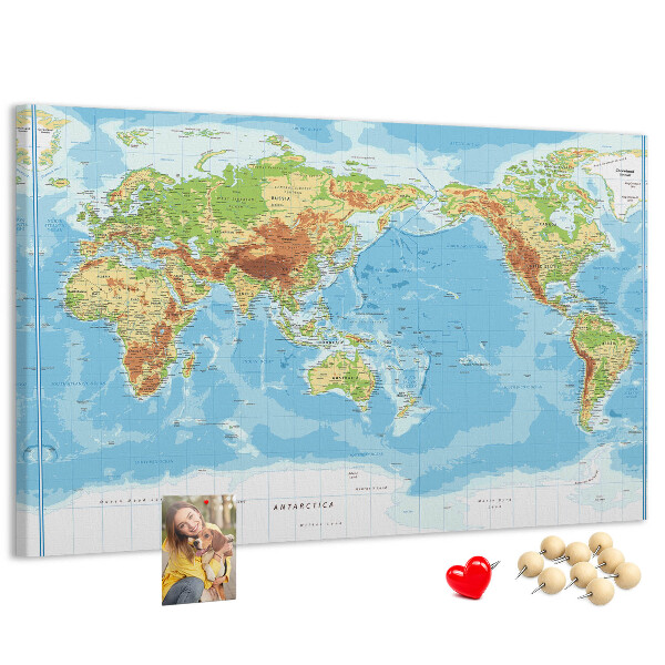 Tableau de liège Carte du monde avec les continents colorés.