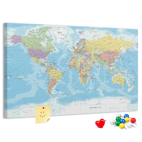 Tableau de liège Carte du monde avec les continents colorés.