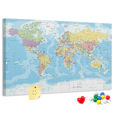 Tableau de liège Carte du monde avec les continents colorés.