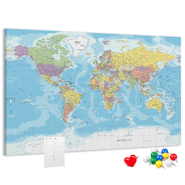 Tableau de liège Carte du monde avec les continents colorés.