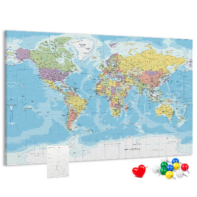 Tableau de liège Carte du monde avec les continents colorés.