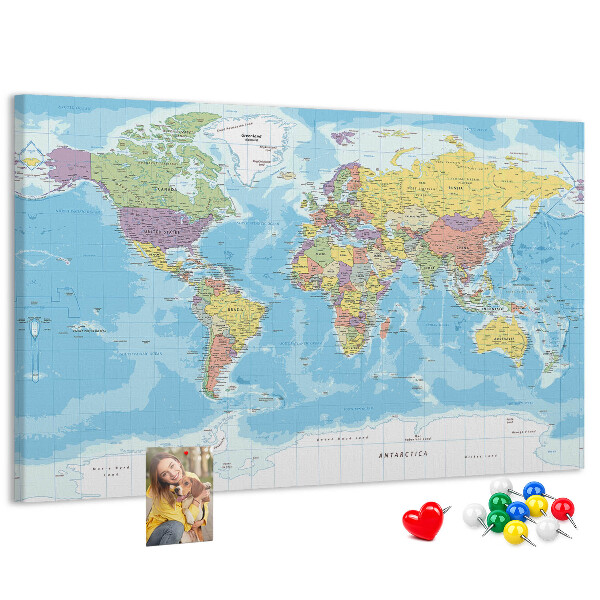 Tableau de liège Carte du monde avec les continents colorés.