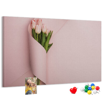 Tableau de liège Tulipes délicates sur fond rose