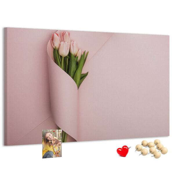 Tableau de liège Tulipes délicates sur fond rose
