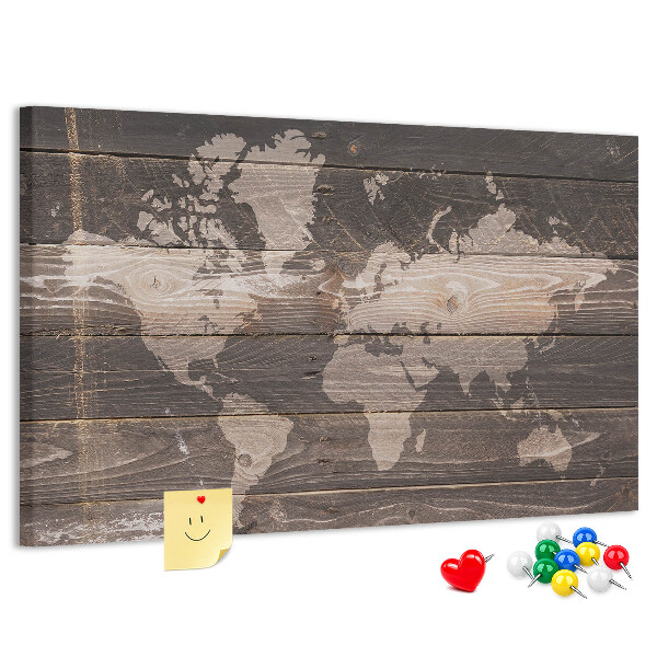 Tableau en liège Carte du monde sur fond en bois