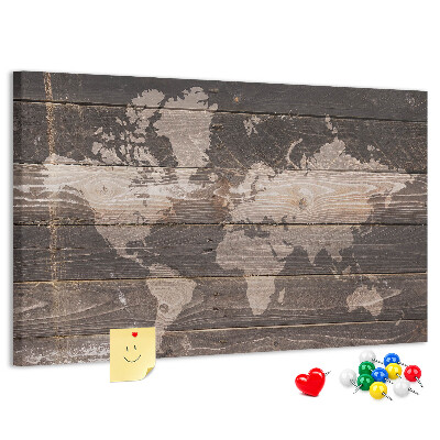 Tableau en liège Carte du monde sur fond en bois