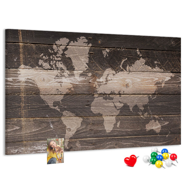 Tableau en liège Carte du monde sur fond en bois