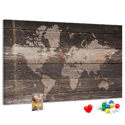 Tableau en liège Carte du monde sur fond en bois