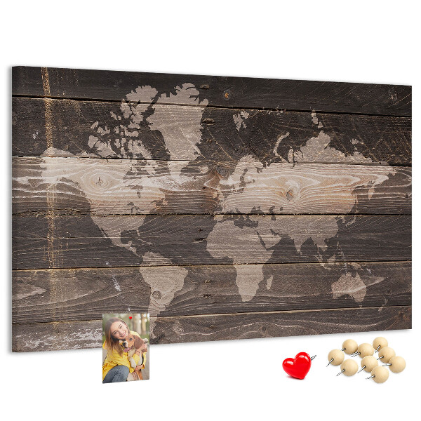 Tableau en liège Carte du monde sur fond en bois