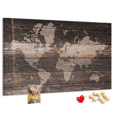 Tableau en liège Carte du monde sur fond en bois