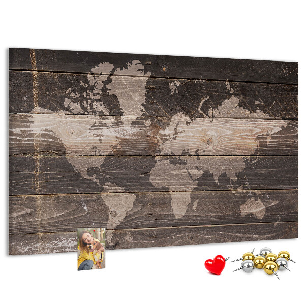 Tableau en liège Carte du monde sur fond en bois