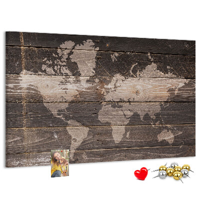 Tableau en liège Carte du monde sur fond en bois