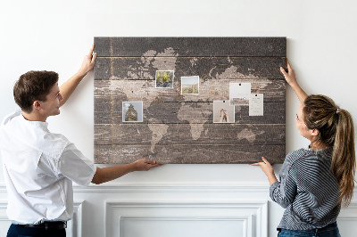 Tableau en liège Carte du monde sur fond en bois