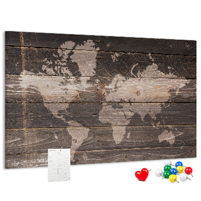 Tableau en liège Carte du monde sur fond en bois