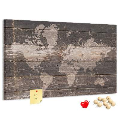 Tableau en liège Carte du monde sur fond en bois