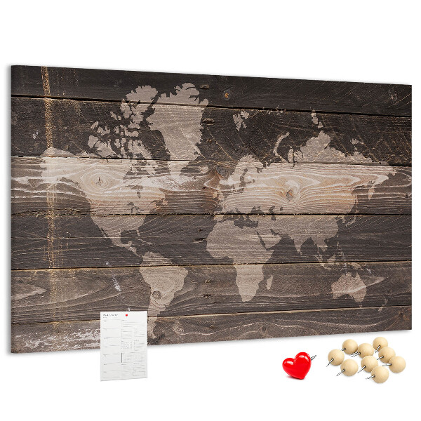 Tableau en liège Carte du monde sur fond en bois