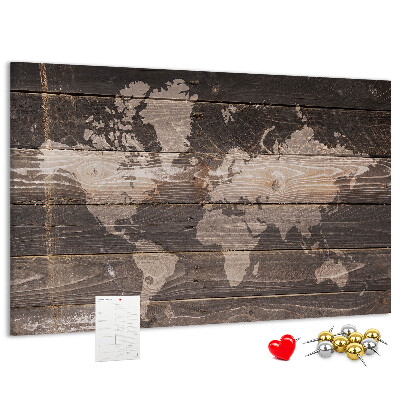 Tableau en liège Carte du monde sur fond en bois