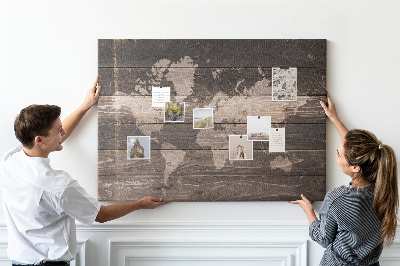 Tableau en liège Carte du monde sur fond en bois