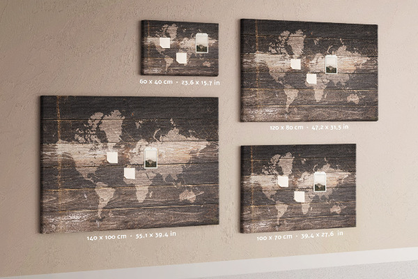 Tableau en liège Carte du monde sur fond en bois