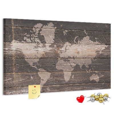 Tableau en liège Carte du monde sur fond en bois
