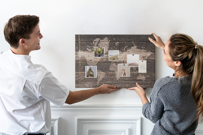 Tableau en liège Carte du monde sur fond en bois