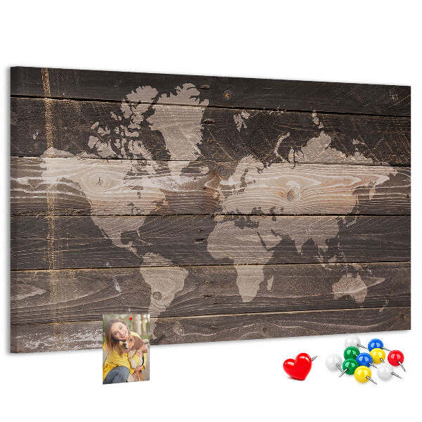Tableau en liège Carte du monde sur fond en bois