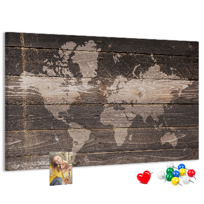 Tableau en liège Carte du monde sur fond en bois