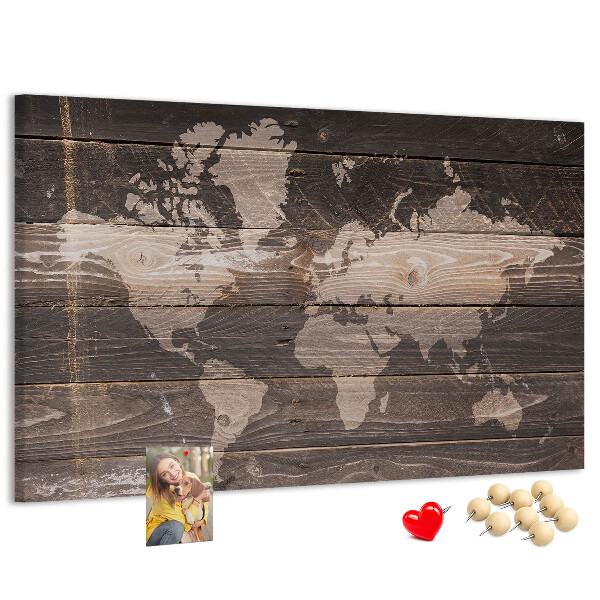 Tableau en liège Carte du monde sur fond en bois
