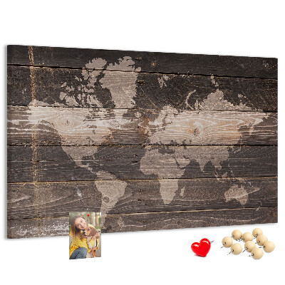 Tableau en liège Carte du monde sur fond en bois
