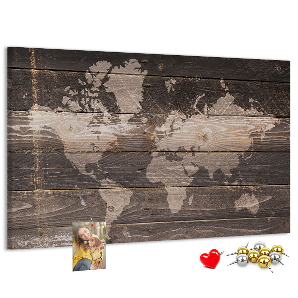 Tableau en liège Carte du monde sur fond en bois