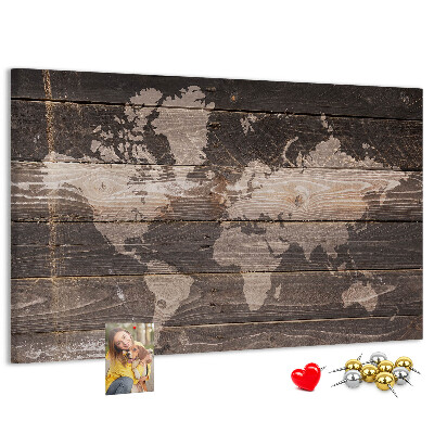 Tableau en liège Carte du monde sur fond en bois
