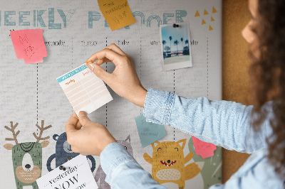 Tableau affichage liège Agenda hebdomadaire coloré avec des animaux