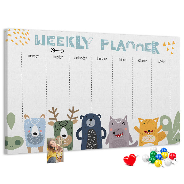 Tableau affichage liège Agenda hebdomadaire coloré avec des animaux