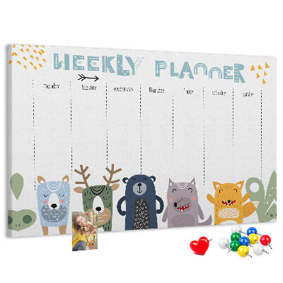 Tableau affichage liège Agenda hebdomadaire coloré avec des animaux