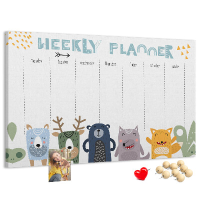 Tableau affichage liège Agenda hebdomadaire coloré avec des animaux