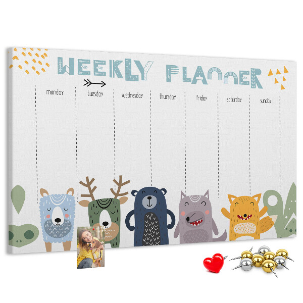Tableau affichage liège Agenda hebdomadaire coloré avec des animaux