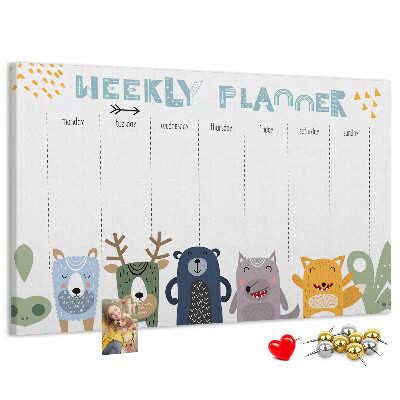Tableau affichage liège Agenda hebdomadaire coloré avec des animaux