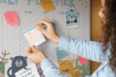 Tableau affichage liège Agenda hebdomadaire coloré avec des animaux