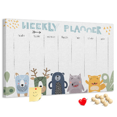 Tableau affichage liège Agenda hebdomadaire coloré avec des animaux
