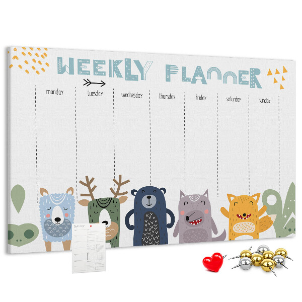 Tableau affichage liège Agenda hebdomadaire coloré avec des animaux