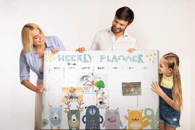 Tableau affichage liège Agenda hebdomadaire coloré avec des animaux
