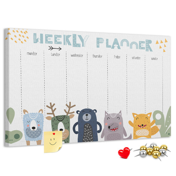 Tableau affichage liège Agenda hebdomadaire coloré avec des animaux