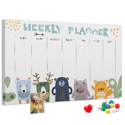 Tableau affichage liège Agenda hebdomadaire coloré avec des animaux