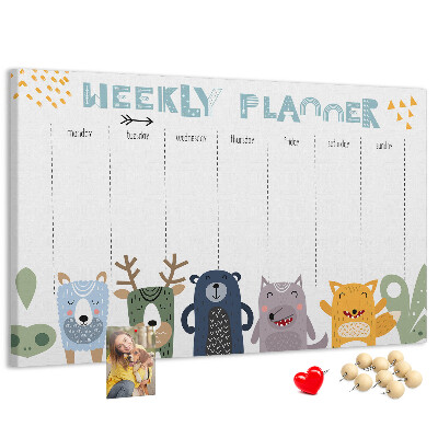 Tableau affichage liège Agenda hebdomadaire coloré avec des animaux