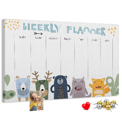Tableau affichage liège Agenda hebdomadaire coloré avec des animaux